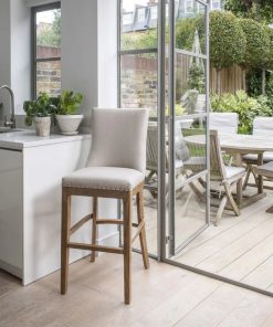 Beaumont Bar Stool in Beige Linen with Natural Oak Frame – Classic Upholstered Seating (113.5cm)
