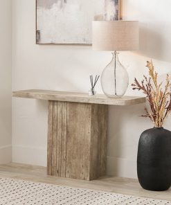 Concrete-Effect Wood Veneer Console Table – Fluted Centre Pedestal – 120x40x76cm