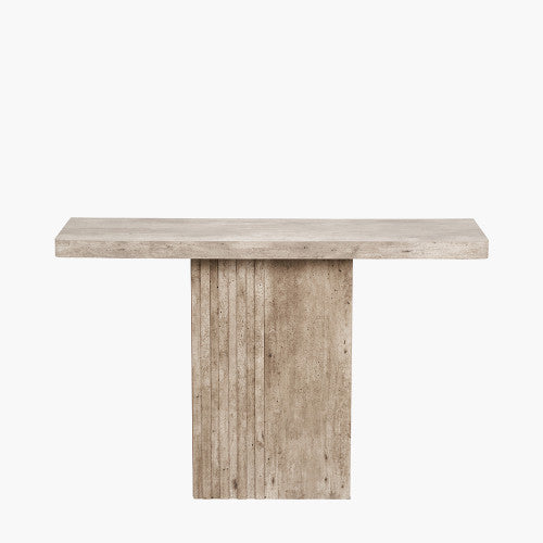 Concrete-Effect Wood Veneer Console Table – Fluted Centre Pedestal – 120x40x76cm Concrete-Effect Wood Veneer Console Table – Fluted Centre Pedestal – 120x40x76cm