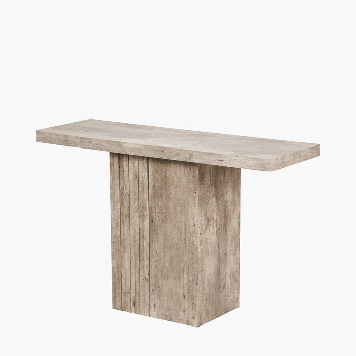 Concrete-Effect Wood Veneer Console Table – Fluted Centre Pedestal – 120x40x76cm Concrete-Effect Wood Veneer Console Table – Fluted Centre Pedestal – 120x40x76cm