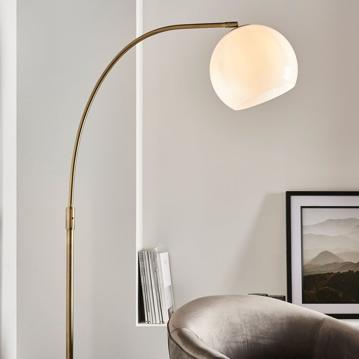 Contemporary Antique Brass Floor Lamp with White Glass Shade