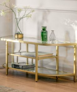 Elegant Champagne Gold Media Unit with Glass Shelves – Stylish TV Stand for Modern Living Rooms