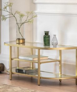 Elegant Champagne Gold Media Unit with Glass Shelves – Stylish TV Stand for Modern Living Rooms5