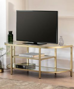 Elegant Champagne Gold Media Unit with Glass Shelves – Stylish TV Stand for Modern Living Rooms