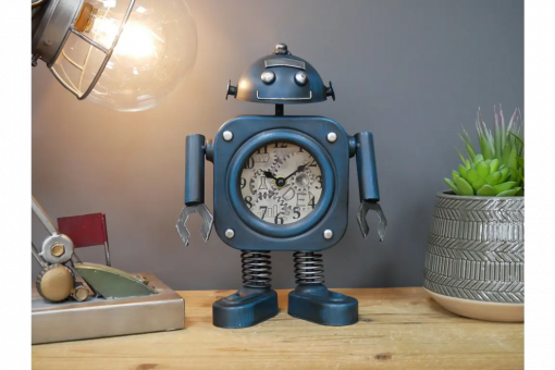 Novelty Robot Tabletop Clock, Blue & Silver, Metal